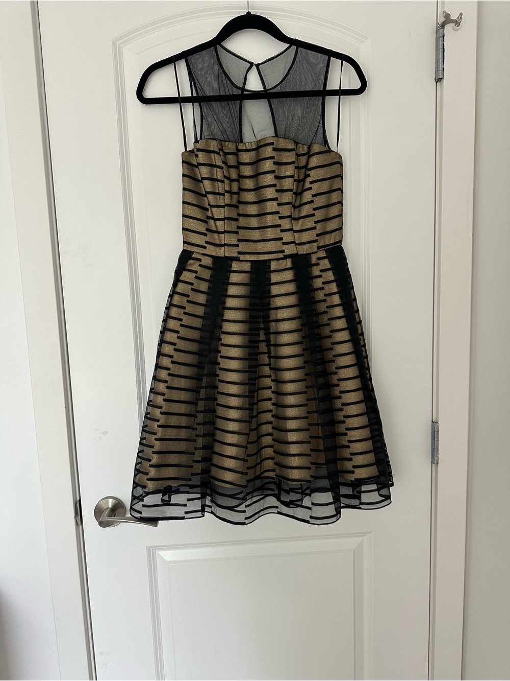 Marciano Striped Illusion Mesh Fit-and-Flare Dress in Gold and Black